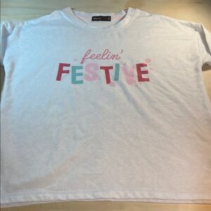 Woman’s Feelin' Festive' White and Pink Cropped  Oversized Sweatshirt Sz S